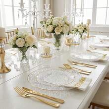 350pcs Elegant Hammered Clear Disposable Dinnerware Set Includes Plates Cutlery Cups Napkins For Parties And Weddings - Clear Gold - View 7