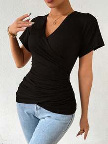 Women's Short-Sleeved T-Shirt With V-Neck And Ruching - Black - View 1