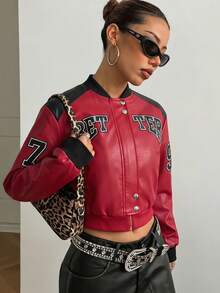 Women's Red PU Leather Motorcycle Jacket With Zipper And Embroidery, Short Baseball Collar Long Sleeve Street Style - Red - View 2