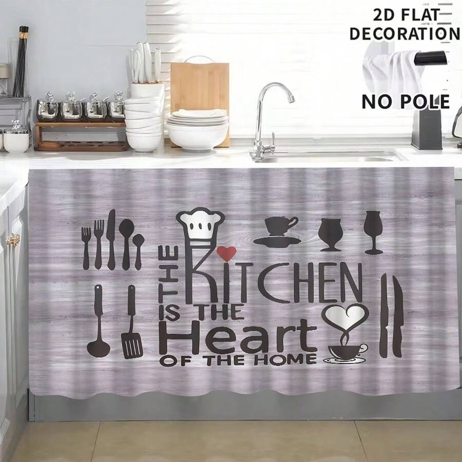 1 pieza, Decoración del hogar, Falda de mesa con estampado de tema de cocina, Cortina pequeña de cocina, Cubierta de gabinete de cocina, Con agujeros para cortina, Fácil de colgar, Rectangular, Tejido a máquina, Lavable a máquina, Decoración y accesorios de cocina, Perfecto para gabinetes de cocina y decoración del hogar - Multicolor - Ver 1