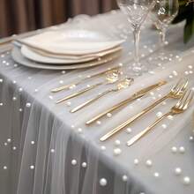 1pc Pearl White Mesh Fabric With Pearl Embellishments, Translucent Wedding Backdrop Curtain, Decorative For Wedding Dress, Wedding Party Decor, Photography Backdrop, Tablecloth, Table Runner, Banner, Gift Wrapping, Elegant Beaded Mesh Suitable For DIY Crafts, Ceremony Decor, Bridal Shower, Home Decor, Event Backdrop - White Pearl - View 8