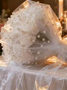 1pc Pearl White Mesh Fabric With Pearl Embellishments, Translucent Wedding Backdrop Curtain, Decorative For Wedding Dress, Wedding Party Decor, Photography Backdrop, Tablecloth, Table Runner, Banner, Gift Wrapping, Elegant Beaded Mesh Suitable For DIY Crafts, Ceremony Decor, Bridal Shower, Home Decor, Event Backdrop - White Pearl - View 12