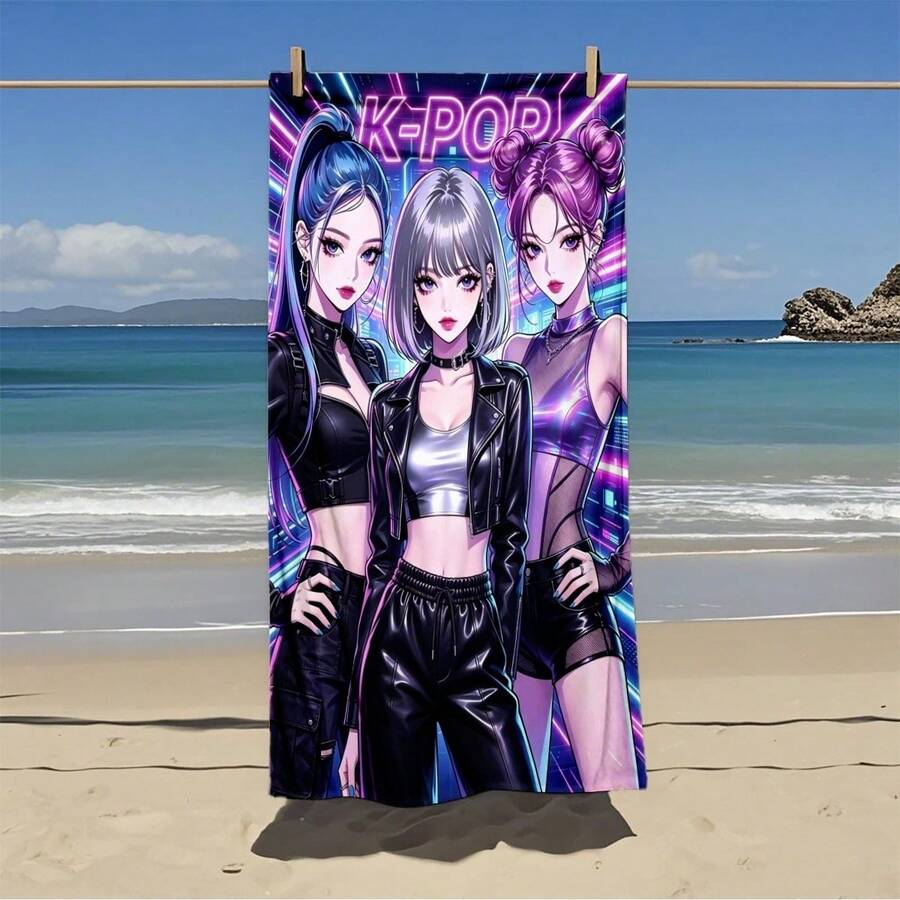 霓虹風格 K-POP 女團動漫印花超細纖維沙灘巾,吸水快乾無毛屑浴巾,海邊游泳度假毛巾 - A - 查看 1