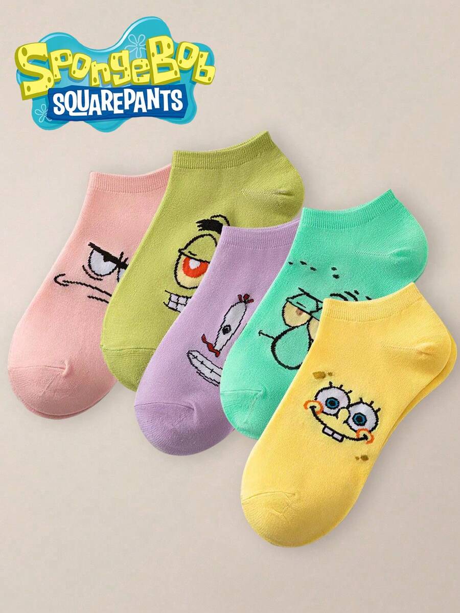 SpongeBob SquarePants 1/3/5/10双装女士短袜,趣味卡通印花短袜,透气吸湿低帮,适合夏季日常穿着 - 彩色 - 查看 1