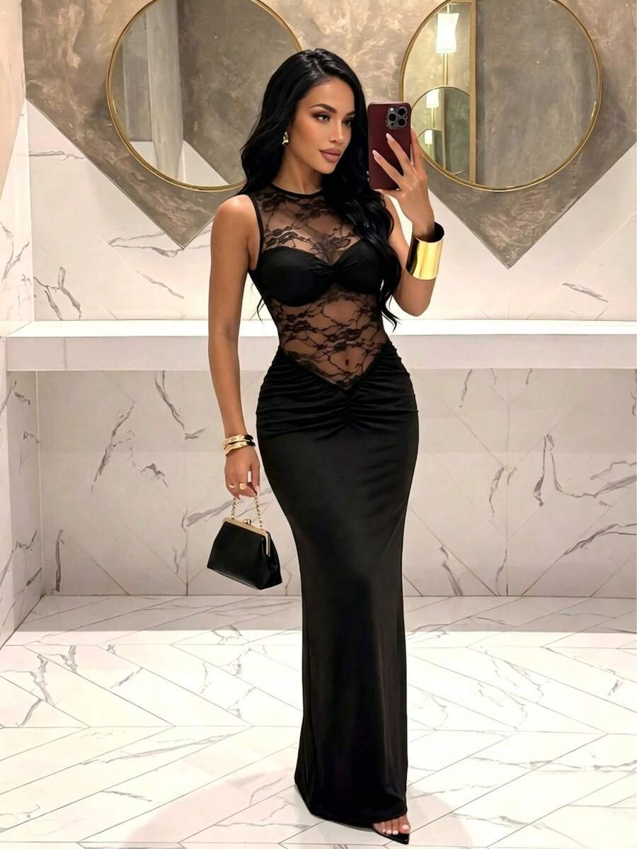 Amarilo Damen Sexy Schwarzes Ärmelloses Spitzen-Maxikleid, Durchsichtige Spitze, Geraffter Schlitzsaum, Geeignet für Party, Date, Sommer, Outdoor-Tragen Elegant - Schwarz - Übersicht 1