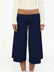 Women 's Fold Over Lounge Capris Wide Leg Low Rise Cropped Gaucho Pants Solid Color Flowy Pajama Bottom - Navy Blue - View 1