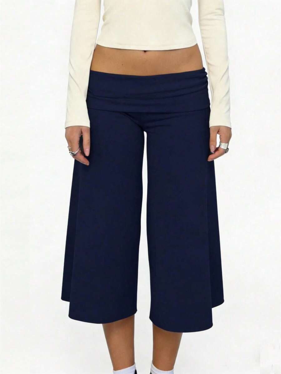 Women 's Fold Over Lounge Capris Wide Leg Low Rise Cropped Gaucho Pants Solid Color Flowy Pajama Bottom - Navy Blue - View 1