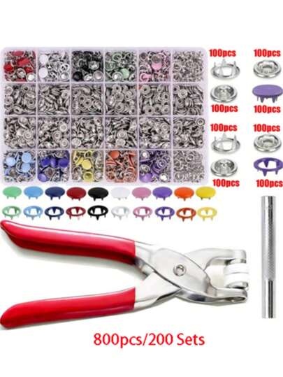 EDCUEBE7 800 piezas/200 sets Remaches de presión metálicos de cinco púas con alicates, kit de botones a presión metálicos huecos y sólidos, para costura de ropa, ideal para manualidades DIY, prendas, sombreros y costura (color aleatorio)