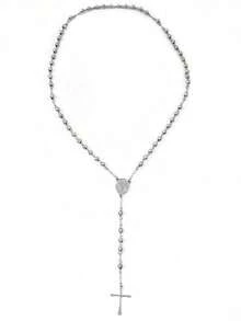 Fashionable Women's Stainless Steel Necklace With Virgin Mary And Jesus Cross Pendant, Long Beaded Chain Design - Silver - View 8