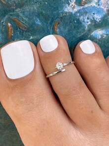 Anillo para el dedo del pie minimalista con circonita brillante, anillo para el dedo del pie ajustable de cobre, accesorio de joyería para vacaciones de verano en la playa, decoración delicada y apilable para los pies - Plateado - Ver 6