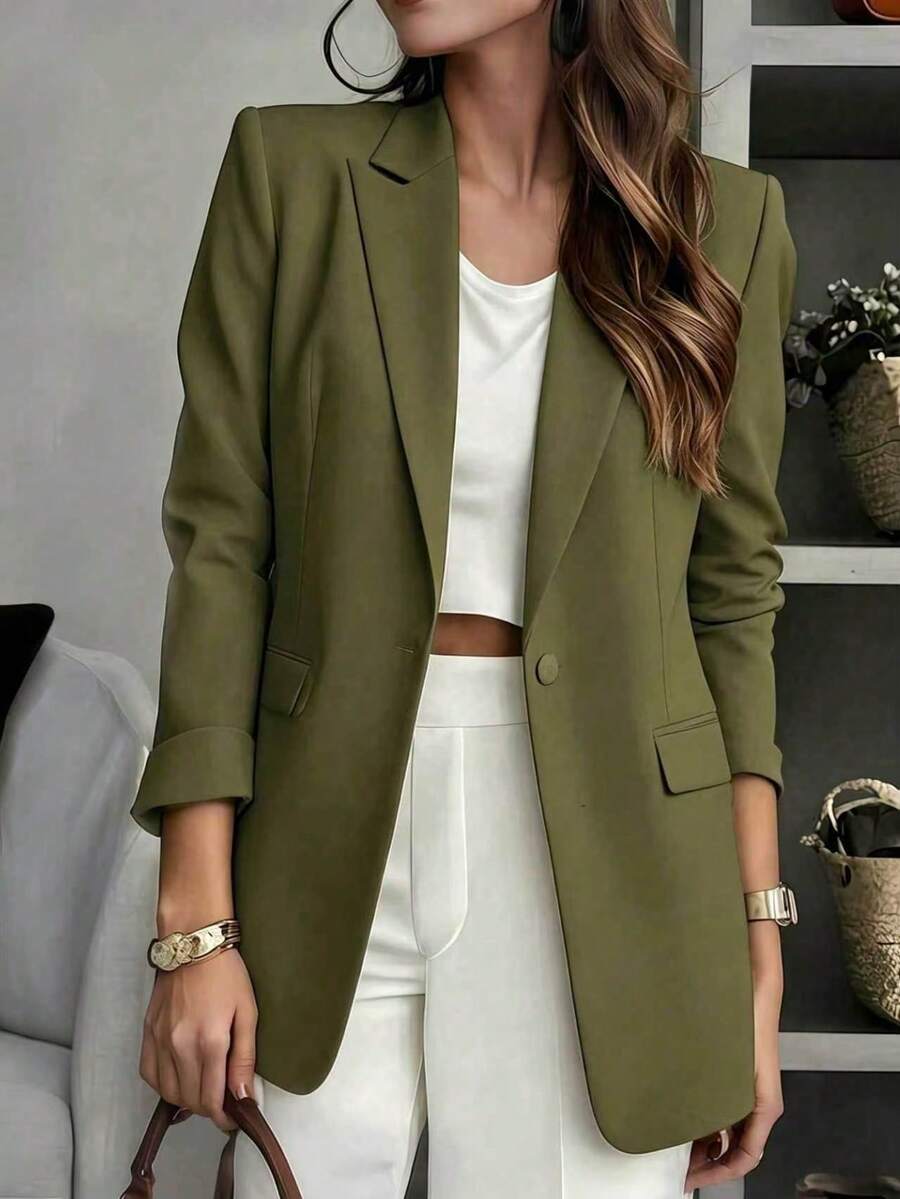 Jaket Blazer Wanita Warna Polos dengan Kerah Berlekuk dan Saku, Jaket Kantor Lengan Panjang dengan Kancing Depan, Pakaian Luar Kasual Bisnis, Cocok untuk Kerja, Rumah, Musim Semi, Musim Gugur, Musim Dingin, Semua Musim - Hijau Tentara - View 1