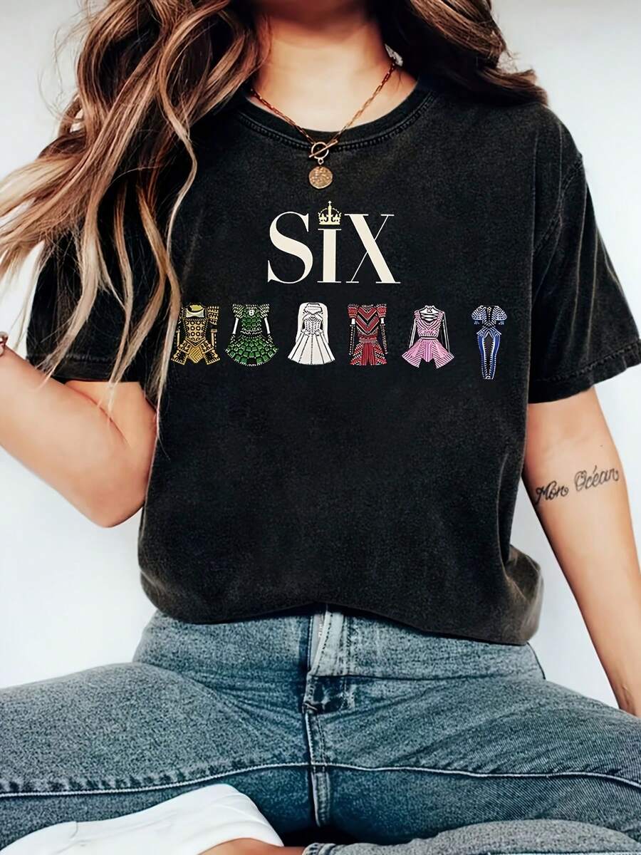 Six The Musical 90s Vintage Armor Graphic Print T-Shirt, Casual Short Sleeve Crew Neck Top Women's Clothing, Retro Loose-Fit T-Shirt - 後退 - 查看 1