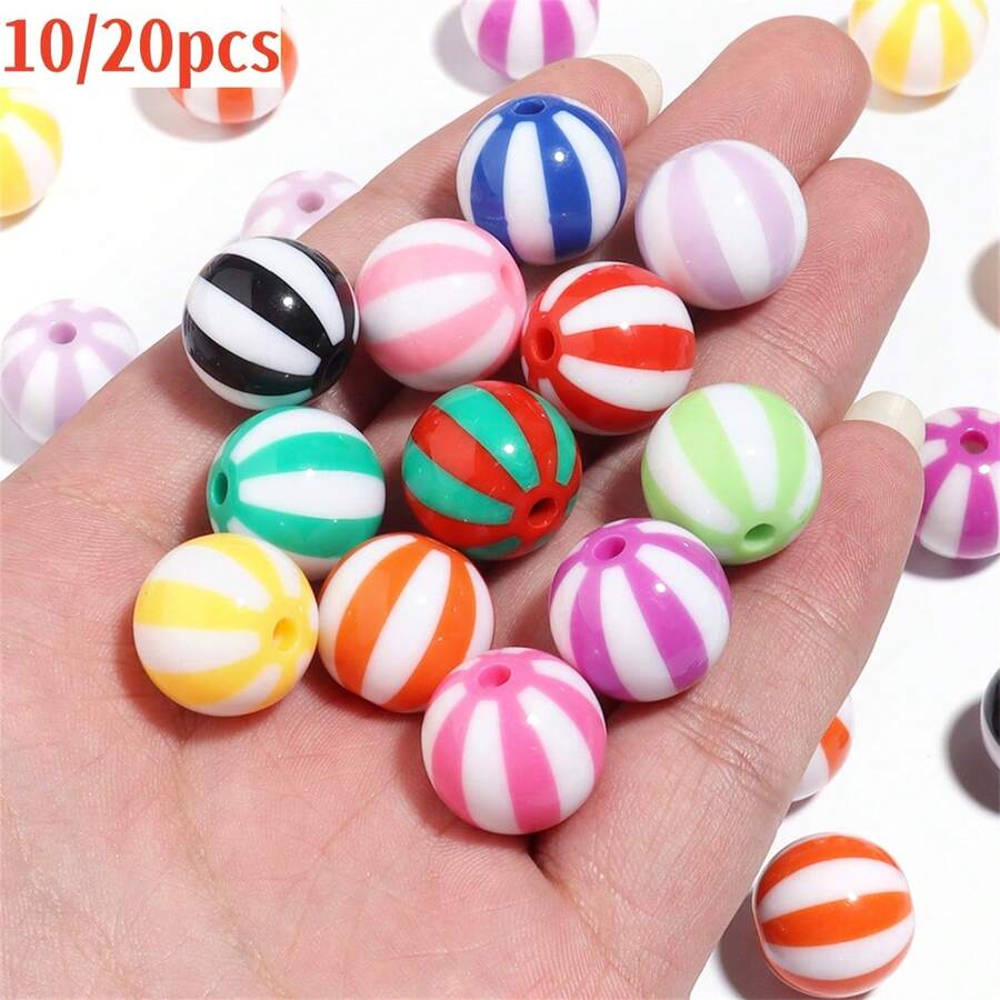 20pcs/Pack Acrylic Colorful Striped Beads, Watermelon Double Color Vertical Striped Large Hole Beads, Suitable For DIY Bracelets Necklaces Handcraft Beading Jewelry Supplies