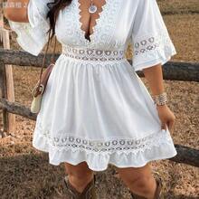 xuehuamaoyi02 Ceyna Vestido de verano casual de talla grande para mujer, de manga corta, con cuello en V, encaje calado, cintura ajustada y línea A, ideal para vacaciones y viajes - Negro01 - Ver 4