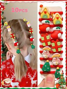 10pcs Multi-Color Fashionable Fun Santa Claus, Christmas Tree, Snowman, Penguin, Christmas Stocking Design Christmas Hair Ties, Suitable As Christmas Party Gifts For Cute Girls - Multicolor - View 14