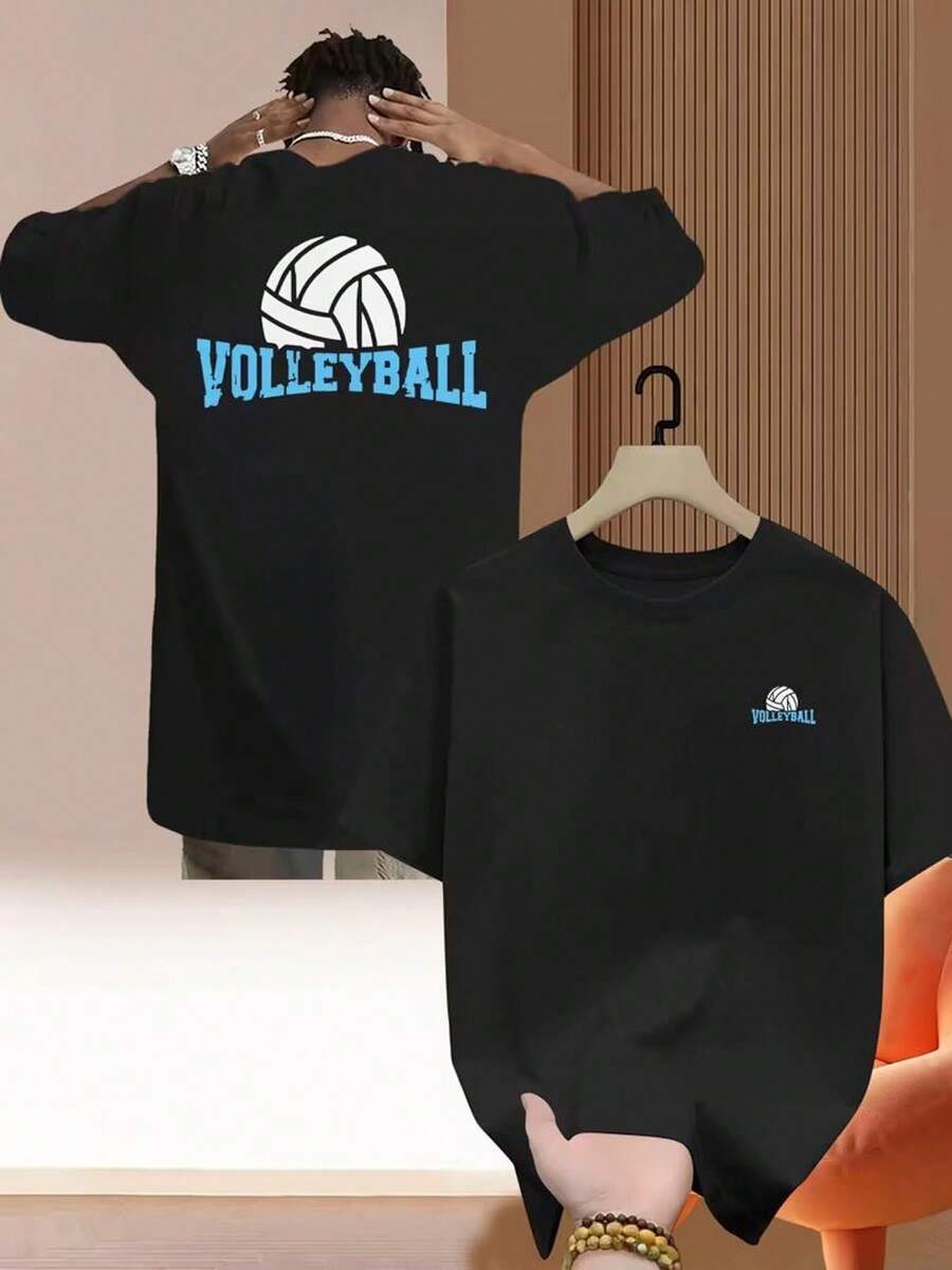 Camiseta de hombre% algodón con estampado de doble cara, con grandes diseños de voleibol en la espalda y el pecho. | Camiseta clásica de manga corta, adecuada para todas las estaciones - Negro - Ver 1