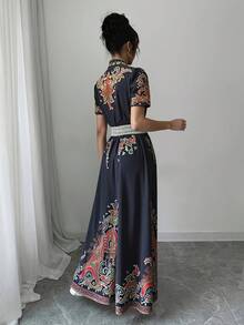 Vestido de Manga Corta con Estampado Floral y Cintura Ajustada al estilo Bohemio - amarillo ganso - Ver 9