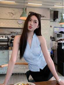 法式風格收腰條紋無袖女款夏季修身短版掛脖上衣 - 淺藍色 - 查看 2