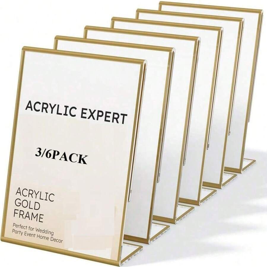 3/6入 4X6/5x7/6X8/8.5X11英吋壓克力金色相框，傾斜式桌上告示架，適用於婚禮桌號、餐廳告示、照片與藝術品展示 - 金色 - 查看 1