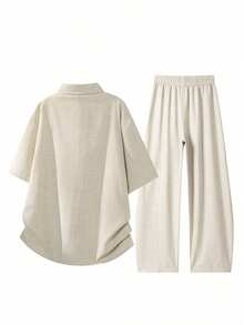Blueprint Man Men's 2-Piece Set, Apricot Linen-Like Dropped Shoulder Short Sleeve Shirt + Long Pants, Drawstring Waist Design, Comfortable Soft Textured Fabric, Durable And Resistant To Deformation, Casual Fashion Minimalist Old Money Style, Suitable For Daily Commute And Vacation - Apricot - View 7