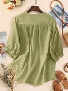 Women's Embroidered Loose Bohemian Vintage Blouse, Casual Spring/Summer Top - Light Green - View 4