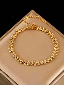 RAYQUEEN 1 Set Stainless Steel Fashion Versatile Personalized Necklace And Bracelet Set Decorative Accessories For Women, Suitable For Daily Wear And Holiday Gifts - Yellow Gold - View 3