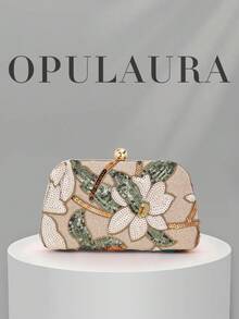 OpulAura 優雅亮面多色葉片與花卉拼接斜挎手拿包，適合婚禮，隨機圖案 - 杏色 - 查看 1