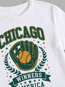 Men's Casual Street Sports Chicago Baseball Graphic T-Shirt And Green Cargo Shorts Set - T恤 - 查看 3
