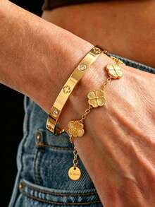 2/1pc Classy Artistic Stainless Steel Bracelet Stainless Steel Bangle, Elegant Set For Daily Wear, Dating, Parties, Lovely Gift For Family - Gold - View 5