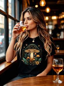Camisetas divertidas - ¡Oferta por tiempo limitado! Camisetas de manga corta para mujer con estampados de helechos y setas - Prendas informales de verano, perfectas para lucir en verano. - Negro - Ver 3