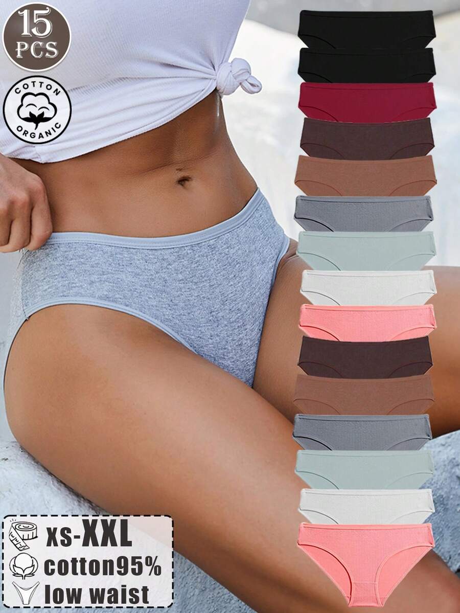 15 Pcs Of Women's Cotton Multi-Color Simple And Comfortable Sports Style Light And Breathable Low Waisted Panties - Nhiều màu - Xem 1