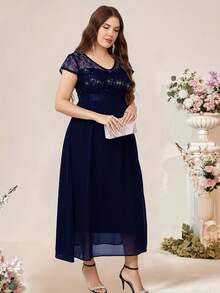 Talla Grande - Vestido de Encaje con Abertura en la Espalda y Ajuste en la Cintura para Mujer de Talla Grande - Albaricoque - Ver 2