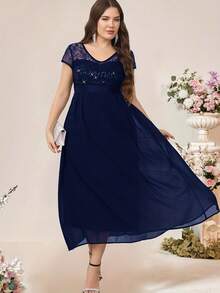 Talla Grande - Vestido de Encaje con Abertura en la Espalda y Ajuste en la Cintura para Mujer de Talla Grande - Albaricoque - Ver 4