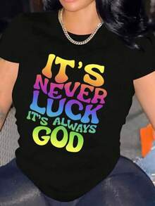 1 camiseta de mujer con la frase "No es suerte, es Dios" - Top de manga corta con cuello redondo suave y la frase en español "No Suerte, Dios", ropa casual adecuada para todas las estaciones - negro - Ver 1