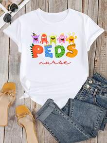 Nurse Print T-Shirt, PEDS Nurse T-Shirt, Gift For Nurses, Gift For Healthcare Workers, Retro Loose-Fit T-Shirt - 白色 - 查看 2