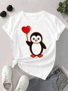 Camiseta de algodón suave con dise?o de corazón de pingüino adorable, ajuste holgado, cómodo, estilo callejero hip-hop, impresión artística - Blanco - Ver 2