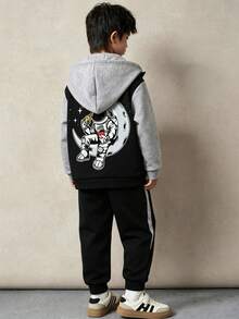 Conjunto de chaqueta de béisbol y pantalones con estampado de letras para niños - Negro - Ver 1