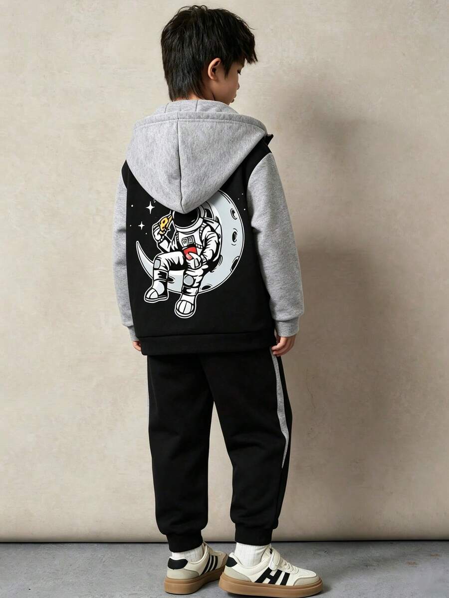 Conjunto de chaqueta de béisbol y pantalones con estampado de letras para niños - Negro - Ver 1