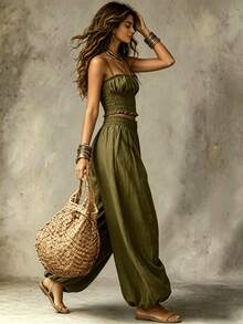 Relaxed Two-Piece Set For Lounging And Travel, Very Popular - Army Green - View 4