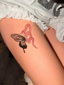 1 Pc Feminine Red Snake & Black Butterfly Temporary Tattoo, Waterproof Fake Contrasting Serpent Tattoo Sticker, Mystical Edgy Body Art - Multicolor - View 2