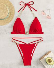 Nuevo modelo 2026: bikini de tres piezas con tirantes y cadena, en color liso, para la playa - Rojo - Ver 1