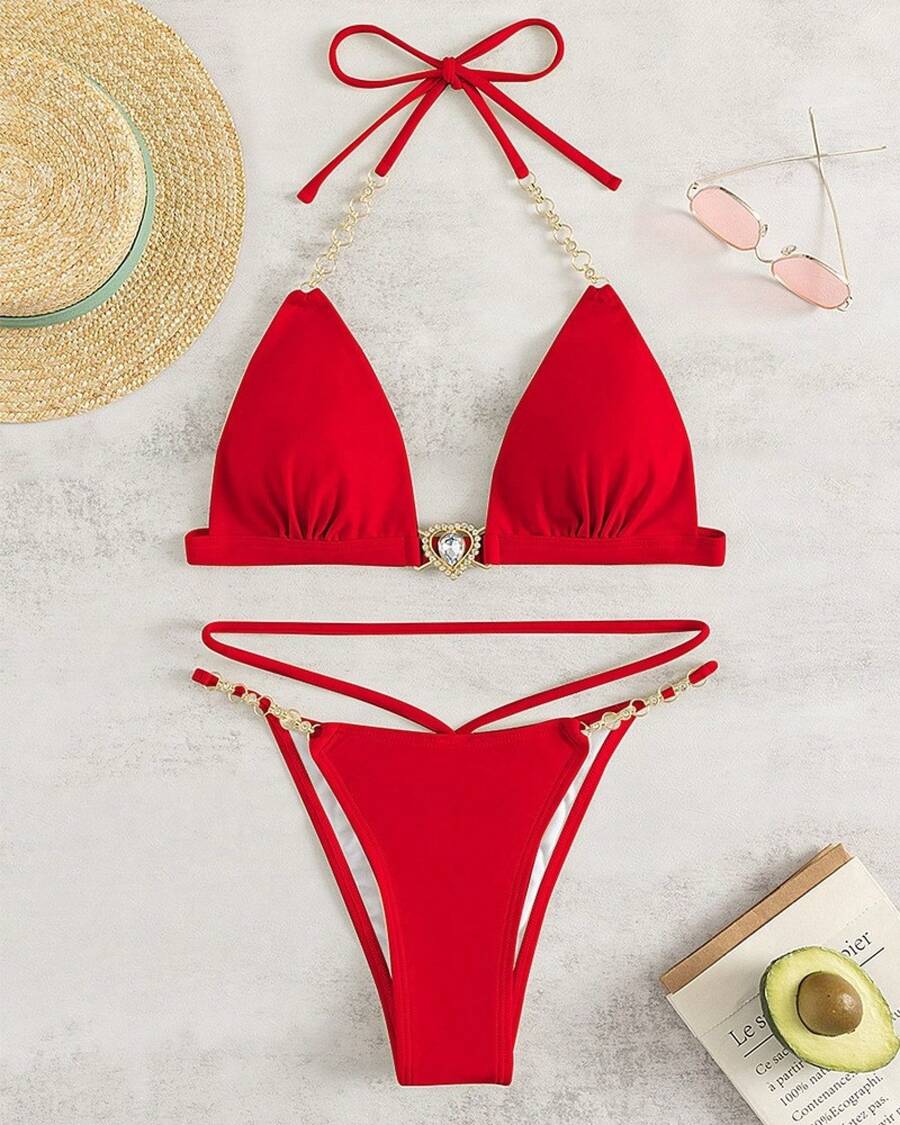 Nuevo modelo 2026: bikini de tres piezas con tirantes y cadena, en color liso, para la playa - Rojo - Ver 1