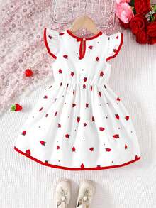 Kleid mit Flügelärmeln und Schleife für Kleine Mädchen mit Erdbeer-Print, Frühling/Sommer - Rot - Übersicht 4