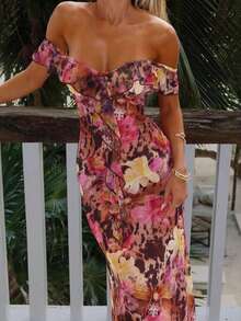 Vestido Maxi Off-the-Shoulder con Estampado Floral y Leopardo, para Vacaciones y Eventos Elegantes - Rojo - Ver 3