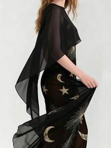 Women Sheer Mesh Poncho Solid Color Round Neck Asymmetrical Hem Loose Shawl Wraps Cape Tops - Black - View 2