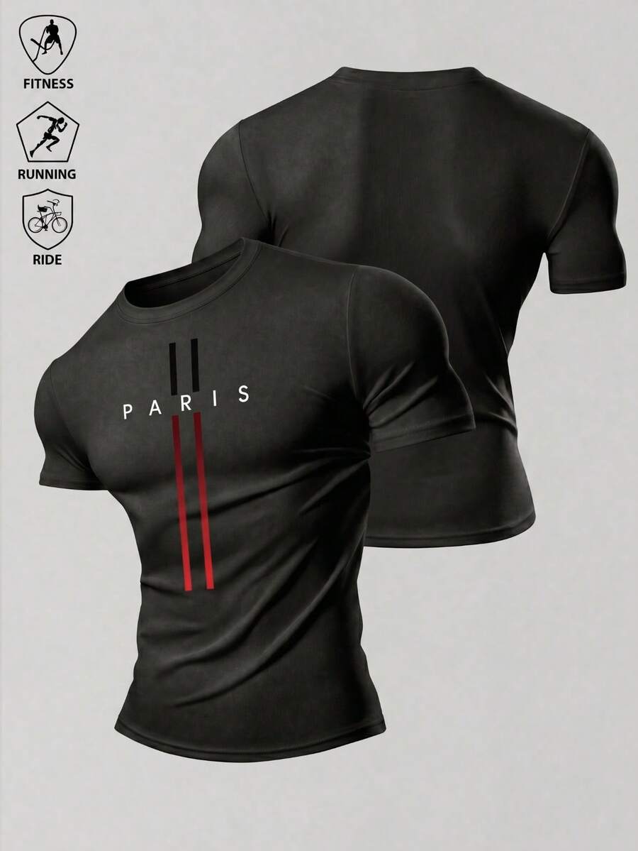 Men's Paris Print Sports T-Shirt, Slim Fit Crew Neck Short Sleeve Fitness Running Top Black - Black - View 1