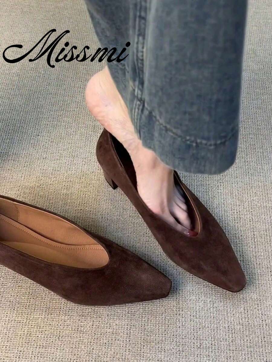 女士通勤哑光皮革一脚蹬乐福鞋，法式复古方头粗跟奶奶鞋，优雅，女士高跟鞋，优雅