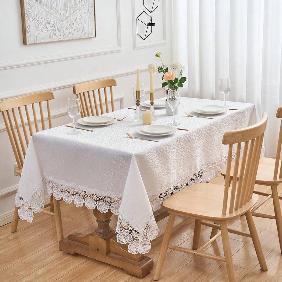 1pc White Lace Rectangular Jacquard Embroidered Floral Trim Tablecloth, Farmhouse Style For Autumn, Christmas, Wedding, Dining, Coffee, Outdoor/Indoor Gatherings And Holiday Table Decor - White - View 1