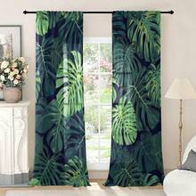 2pcs Polyester Tropical Palm Leaf Print Light Filtering Curtains, Suitable For Bedroom, Living Room, Office And Home Decor, Rod Pocket Design, Suitable For Rod Mounting - Multicolor - View 8