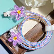 Protective Flower-Shaped Cable Covers To Prevent Breakage Of Charging Cords For Mobile Devices, Suitable For Iphone 12 Through 17 Pro And Type-C, Cable Protector For Phone, Phone Cable Protector - Purple - View 2